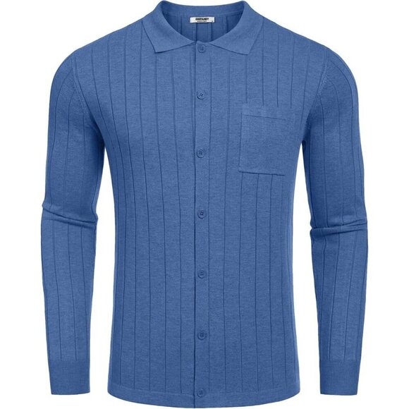Men Blue Casual Knit Polo Shirt Long Sleeve Button Down Sweater Polo with Pocket - Picture 8 of 9